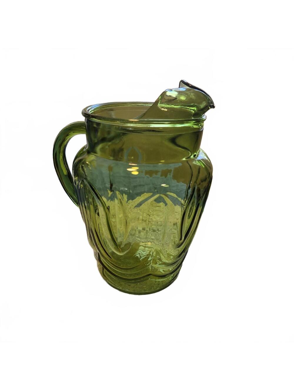 Anchor Hocking Vintage 60s Colonial Tulip Avocado Green Pitcher